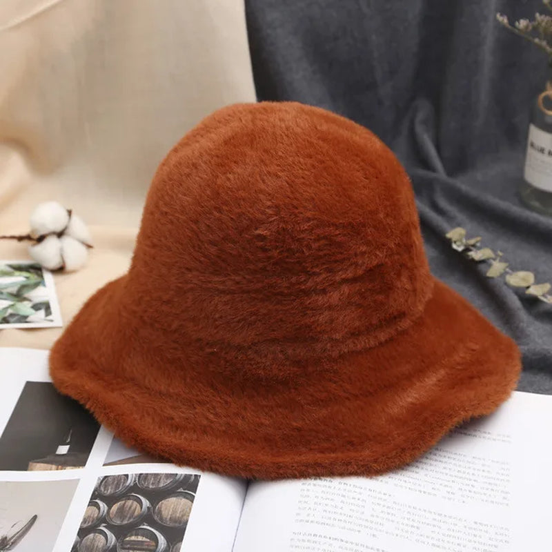 Fashion Winter Hat for Women Fur Bucket Warm Caps Dome Panama Black White Vintage Fisherman Bucket Hats Шапка Женская