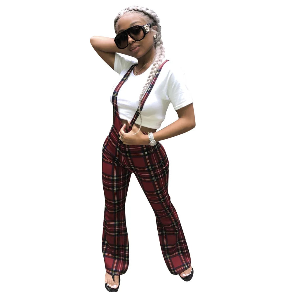 European Style Sexy Plaid Jumpsuit Summer Strap Slim Rompers Women Jumpsuit Full Length Combinaison Femme Overalls LS6151