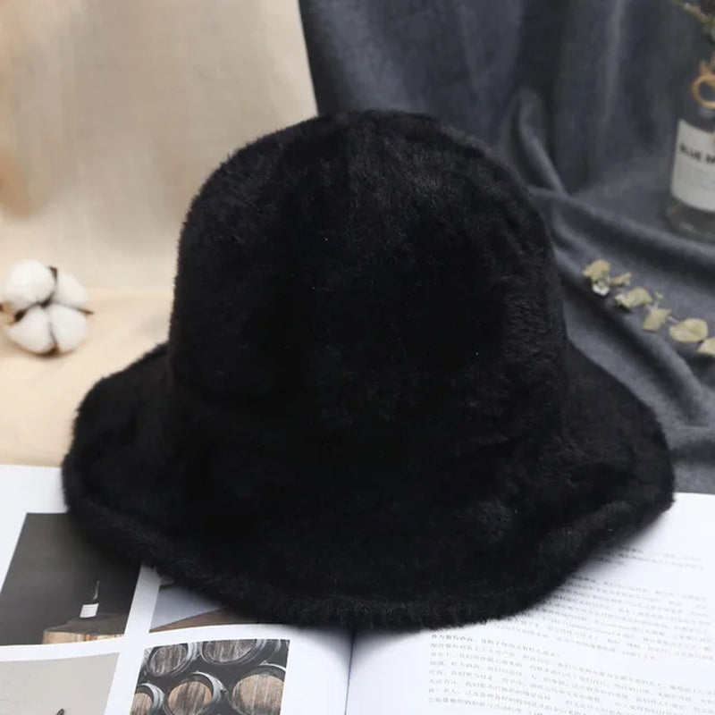 Fashion Winter Hat for Women Fur Bucket Warm Caps Dome Panama Black White Vintage Fisherman Bucket Hats Шапка Женская