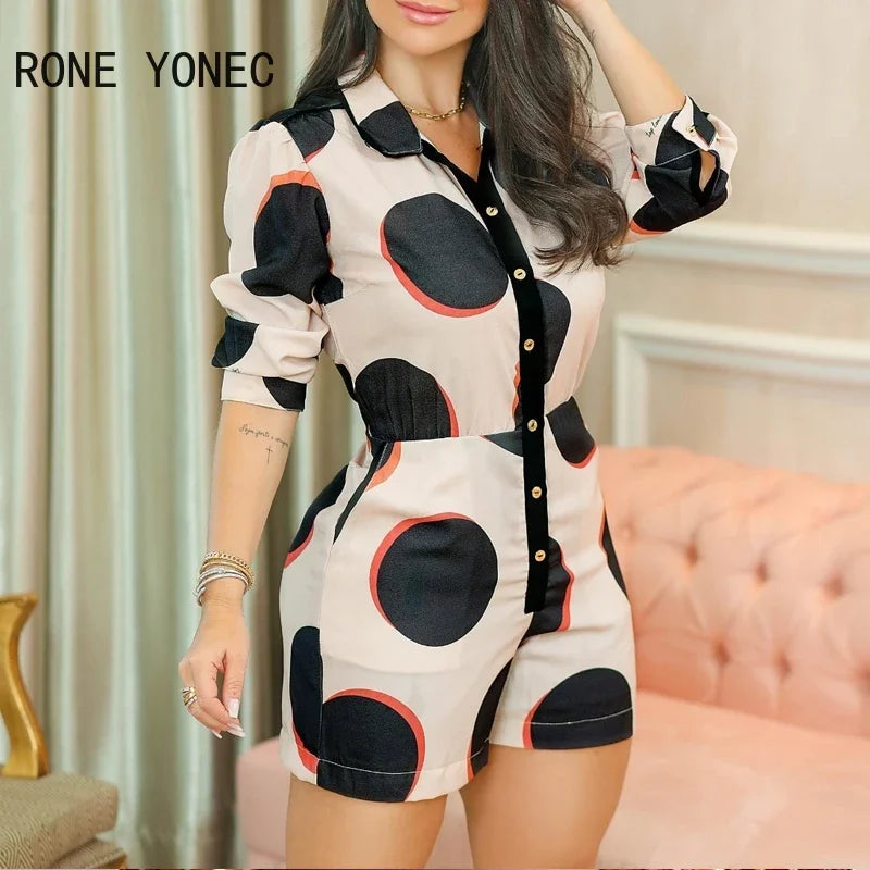 Women Polkadot Print Colorblock Button Front Romper Casual Summer Romper Women Jumpsuits