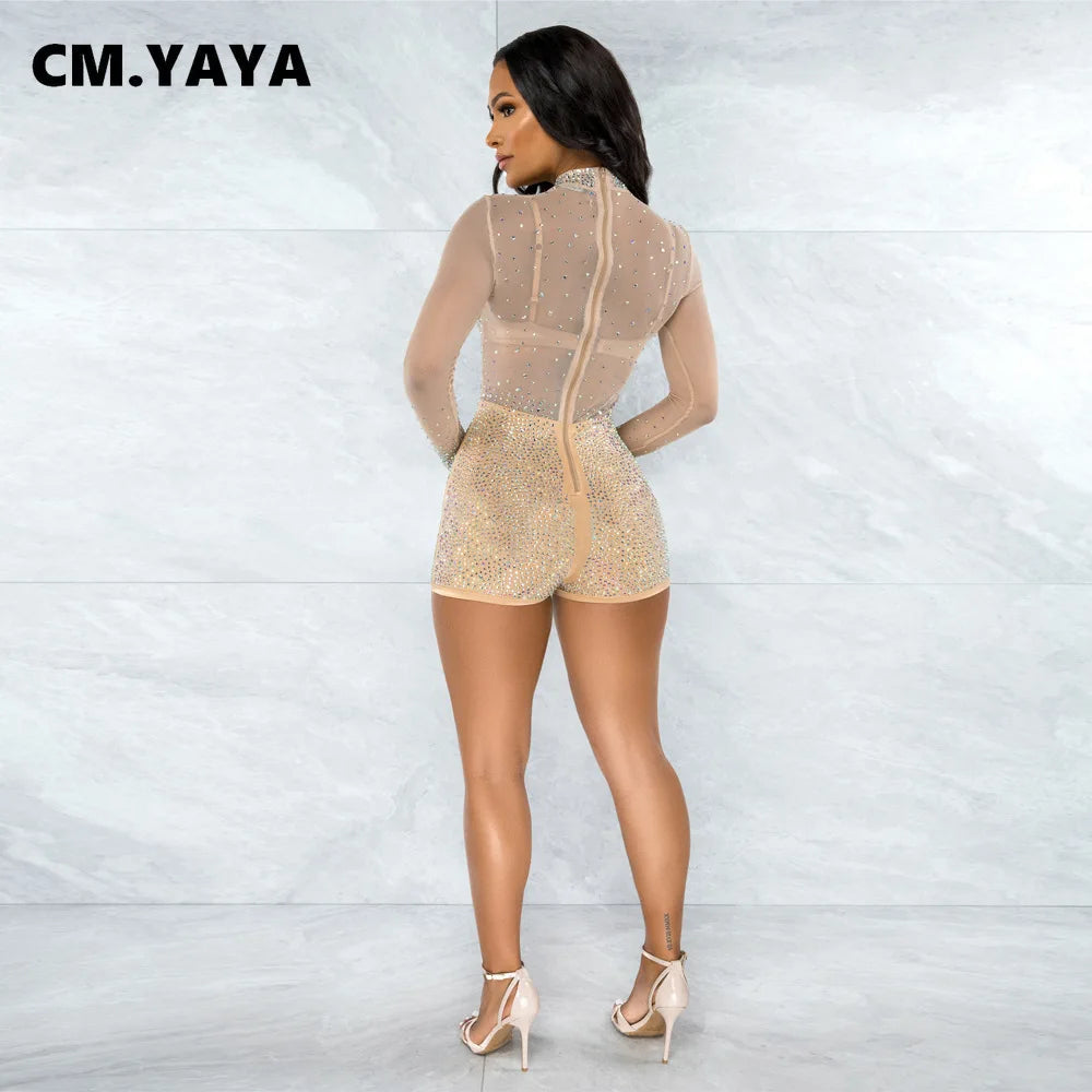 Women Playsuit Mesh Diamonds Full Sleeve High Collar Zip Stretchy Skinny Bodycon Playsuits Sexy Rompers Autumn Outfits