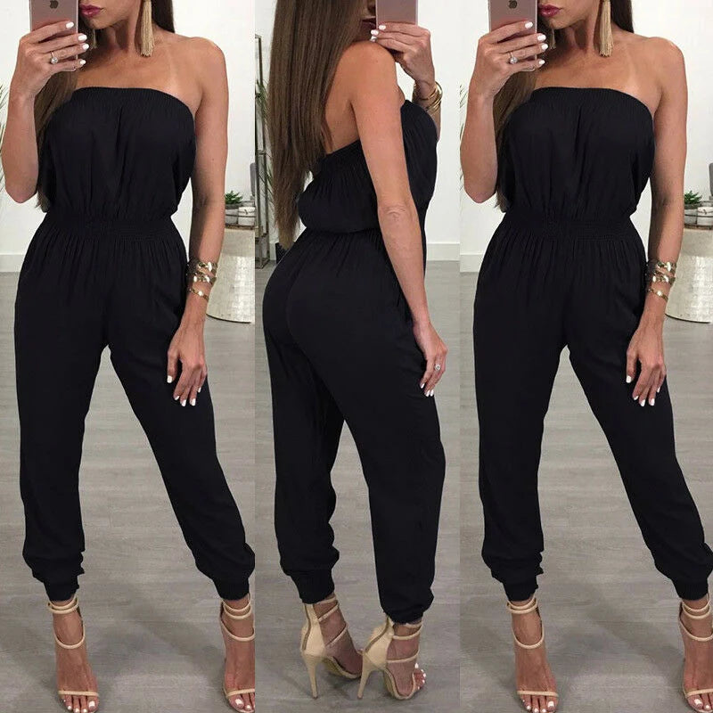 New Women Casual Off-Shoulder Wide Leg Jumpsuit Fashion Ladies Summer Sleeveless Playsuit Bodycon Party Trousers Jumpsuit