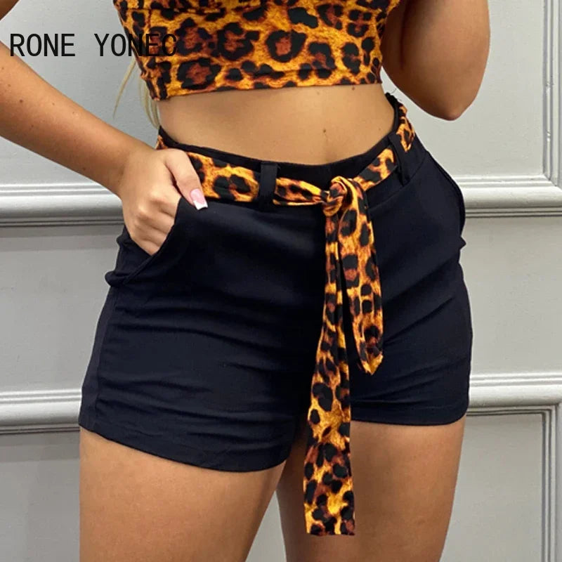 Women Two Pieces Cheetah Print Crop Top & Plain Pocket Design Shorts Set Outfit Summer Suit