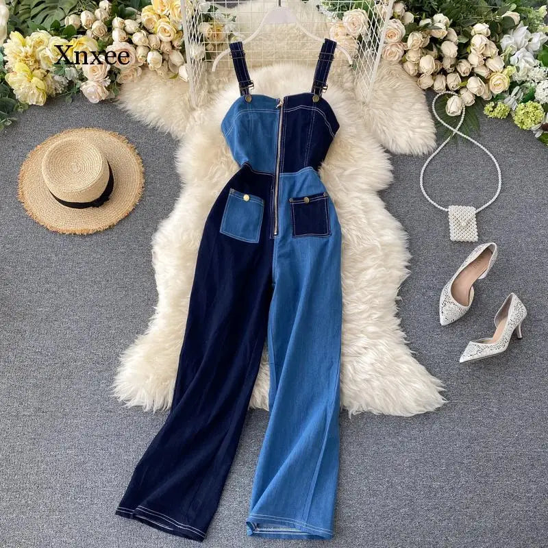 Summer Women'S Denim Stitching Fashion Jumpsuit Zipper Sleeveless Jumpsuit Suspenders Jeans Women Loose Trousers