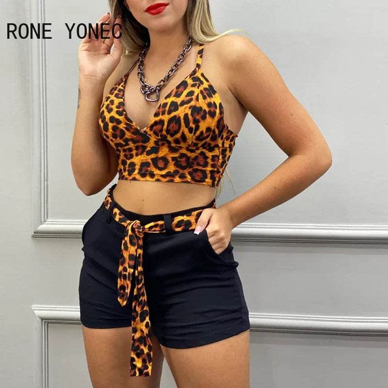 Women Two Pieces Cheetah Print Crop Top & Plain Pocket Design Shorts Set Outfit Summer Suit