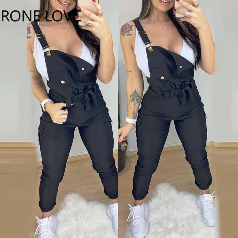 Women Buckled Pocket Design Solid Suspender Jumpsuit Bodycon Jumpsuit One Piece Jumpsuit