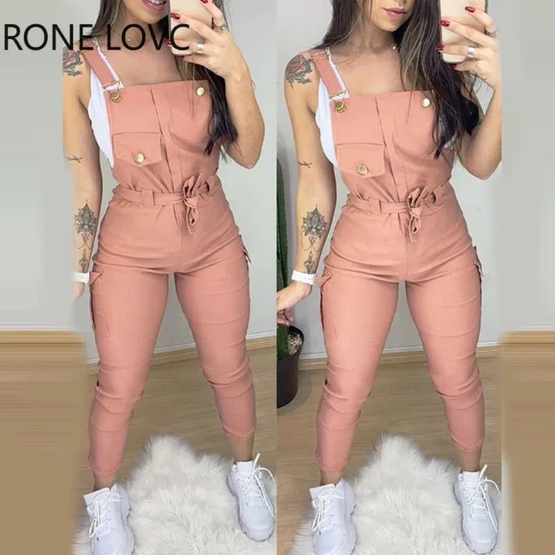 Women Buckled Pocket Design Solid Suspender Jumpsuit Bodycon Jumpsuit One Piece Jumpsuit