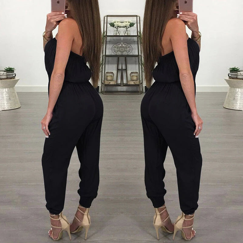 New Women Casual Off-Shoulder Wide Leg Jumpsuit Fashion Ladies Summer Sleeveless Playsuit Bodycon Party Trousers Jumpsuit