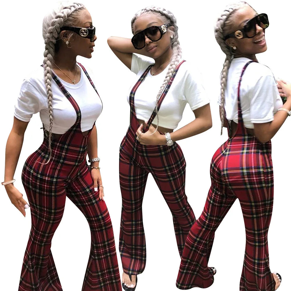 European Style Sexy Plaid Jumpsuit Summer Strap Slim Rompers Women Jumpsuit Full Length Combinaison Femme Overalls LS6151