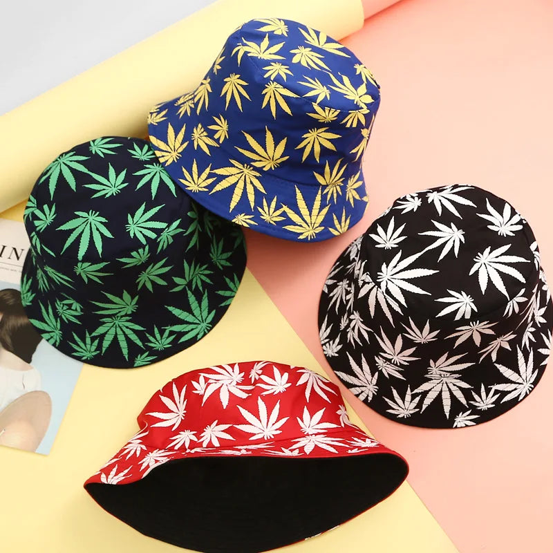 Double Side Bucket Hats Leaf Fisherman Hat Printing Basin Hat Pure Cotton Hat Outdoor Fishing Hat Tourism