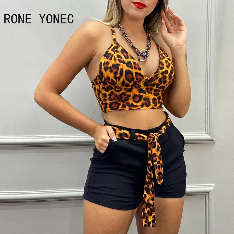 Women Two Pieces Cheetah Print Crop Top & Plain Pocket Design Shorts Set Outfit Summer Suit