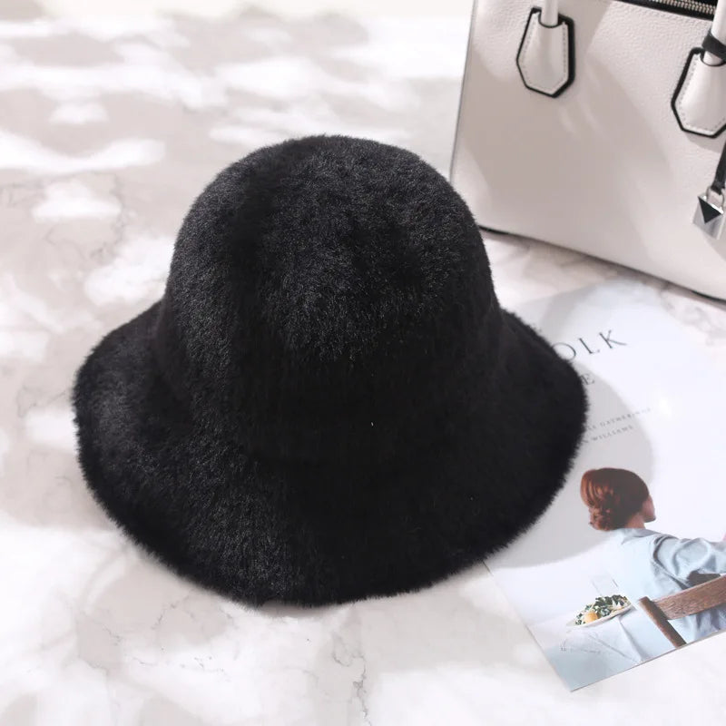 Fashion Winter Hat for Women Fur Bucket Warm Caps Dome Panama Black White Vintage Fisherman Bucket Hats Шапка Женская