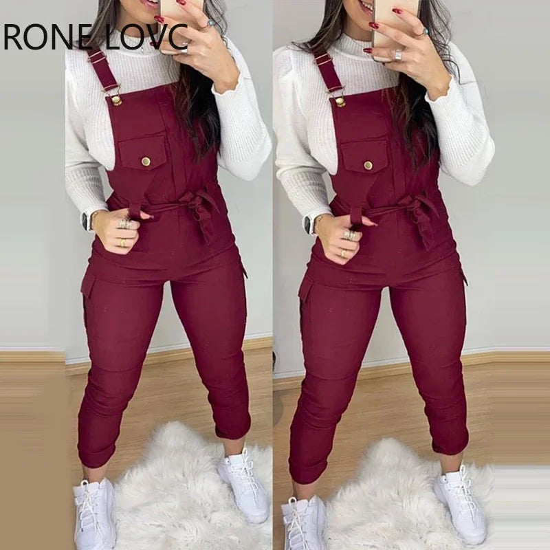 Women Buckled Pocket Design Solid Suspender Jumpsuit Bodycon Jumpsuit One Piece Jumpsuit