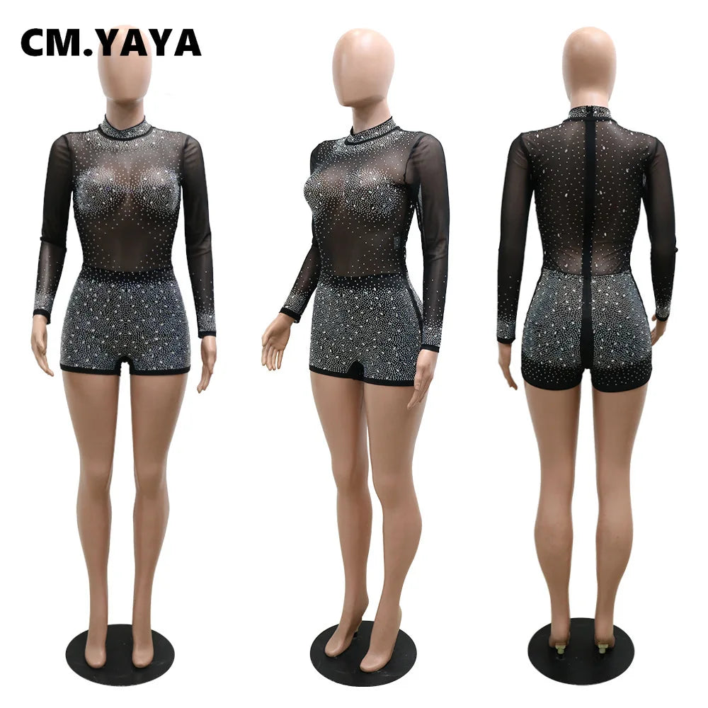 Women Playsuit Mesh Diamonds Full Sleeve High Collar Zip Stretchy Skinny Bodycon Playsuits Sexy Rompers Autumn Outfits