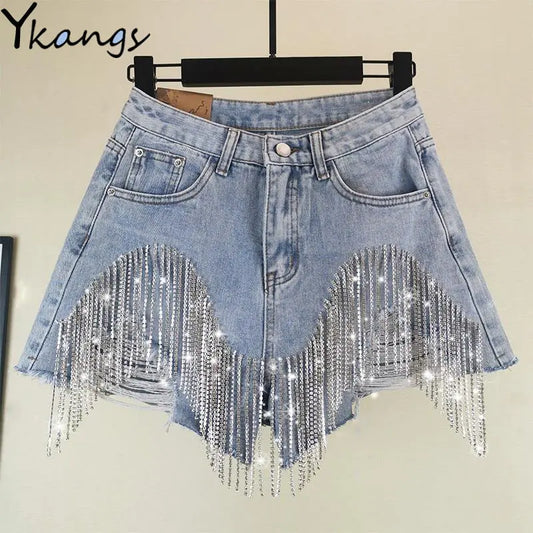 Tassel Rhinestone Denim Shorts