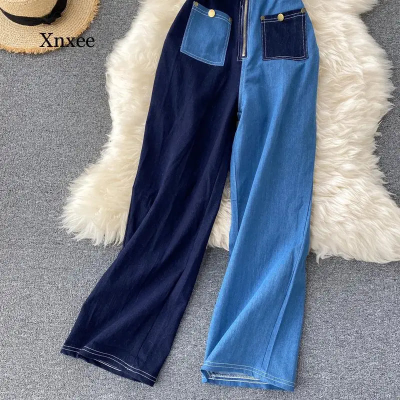 Summer Women'S Denim Stitching Fashion Jumpsuit Zipper Sleeveless Jumpsuit Suspenders Jeans Women Loose Trousers