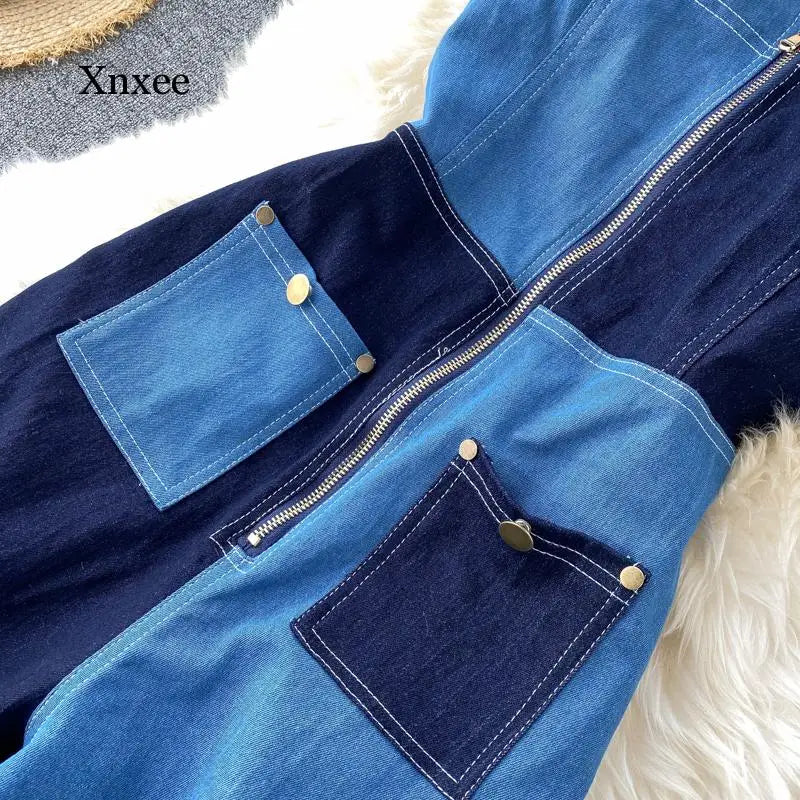 Summer Women'S Denim Stitching Fashion Jumpsuit Zipper Sleeveless Jumpsuit Suspenders Jeans Women Loose Trousers