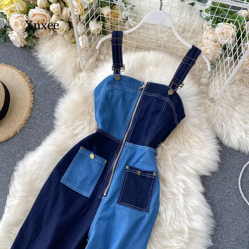 Summer Women'S Denim Stitching Fashion Jumpsuit Zipper Sleeveless Jumpsuit Suspenders Jeans Women Loose Trousers