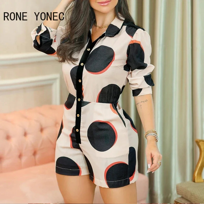 Women Polkadot Print Colorblock Button Front Romper Casual Summer Romper Women Jumpsuits