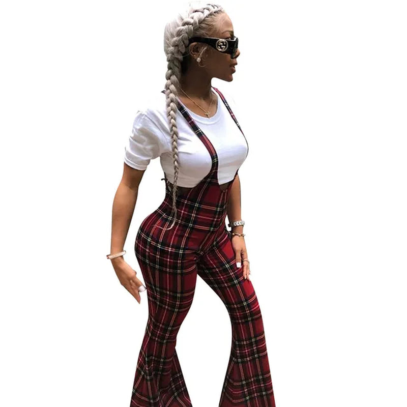 European Style Sexy Plaid Jumpsuit Summer Strap Slim Rompers Women Jumpsuit Full Length Combinaison Femme Overalls LS6151